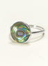 Round abalone ring, sterling silver set with genuine paua shell in a modern geometric stone design
