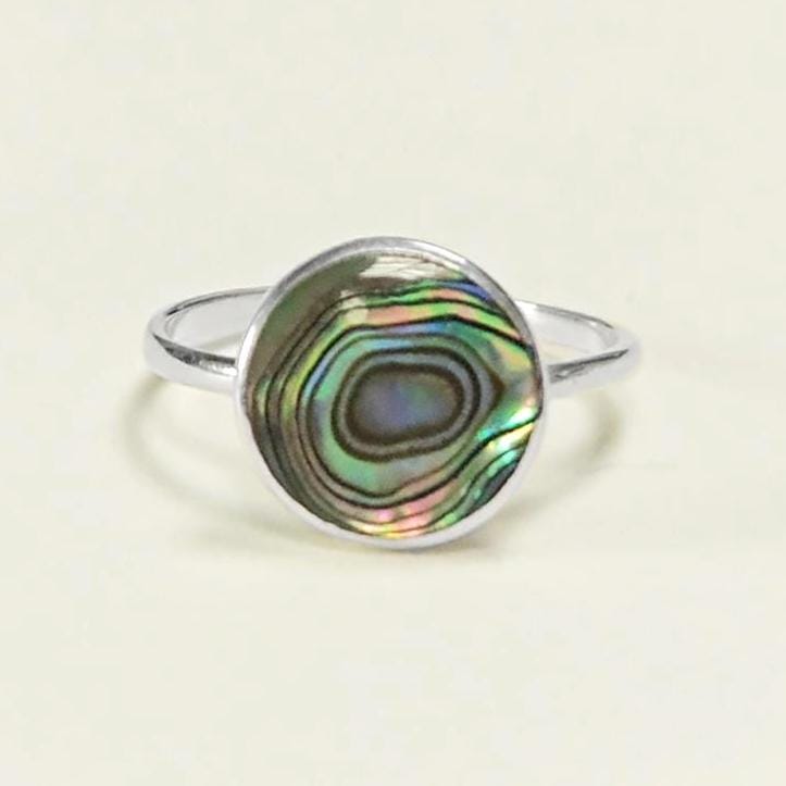 Round abalone ring, sterling silver set with genuine paua shell in a modern geometric stone design