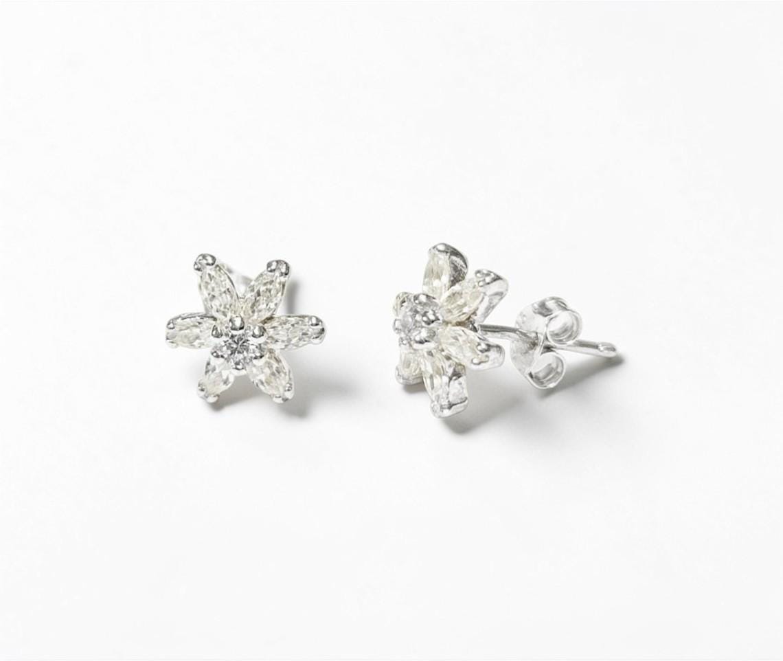 Classic Flower Earrings, Sterling Silver, Dainty Studs, White Color Cz, Tiny Floral jewelry By KRAMIKE