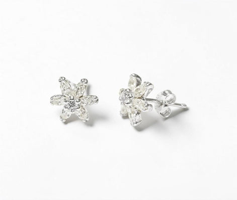 Classic Flower Earrings, Sterling Silver, Dainty Studs, White Color Cz, Tiny Floral jewelry By KRAMIKE