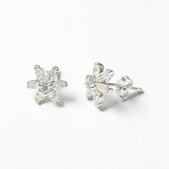 Classic Flower Earrings, Sterling Silver, Dainty Studs, White Color Cz, Tiny Floral jewelry By KRAMIKE