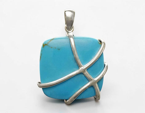 Turquoise Square Pendant, Sterling Silver, Geometric Blue Gemstone Necklace, Bold Charm, Statement Modern Jewelry