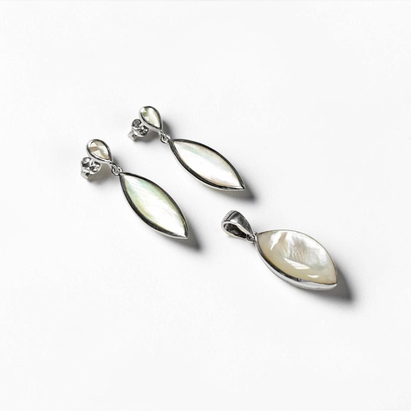Sterling Silver Oval Earrings, White Mother of Pearl Shell Jewelry, Dangle MOP 925
