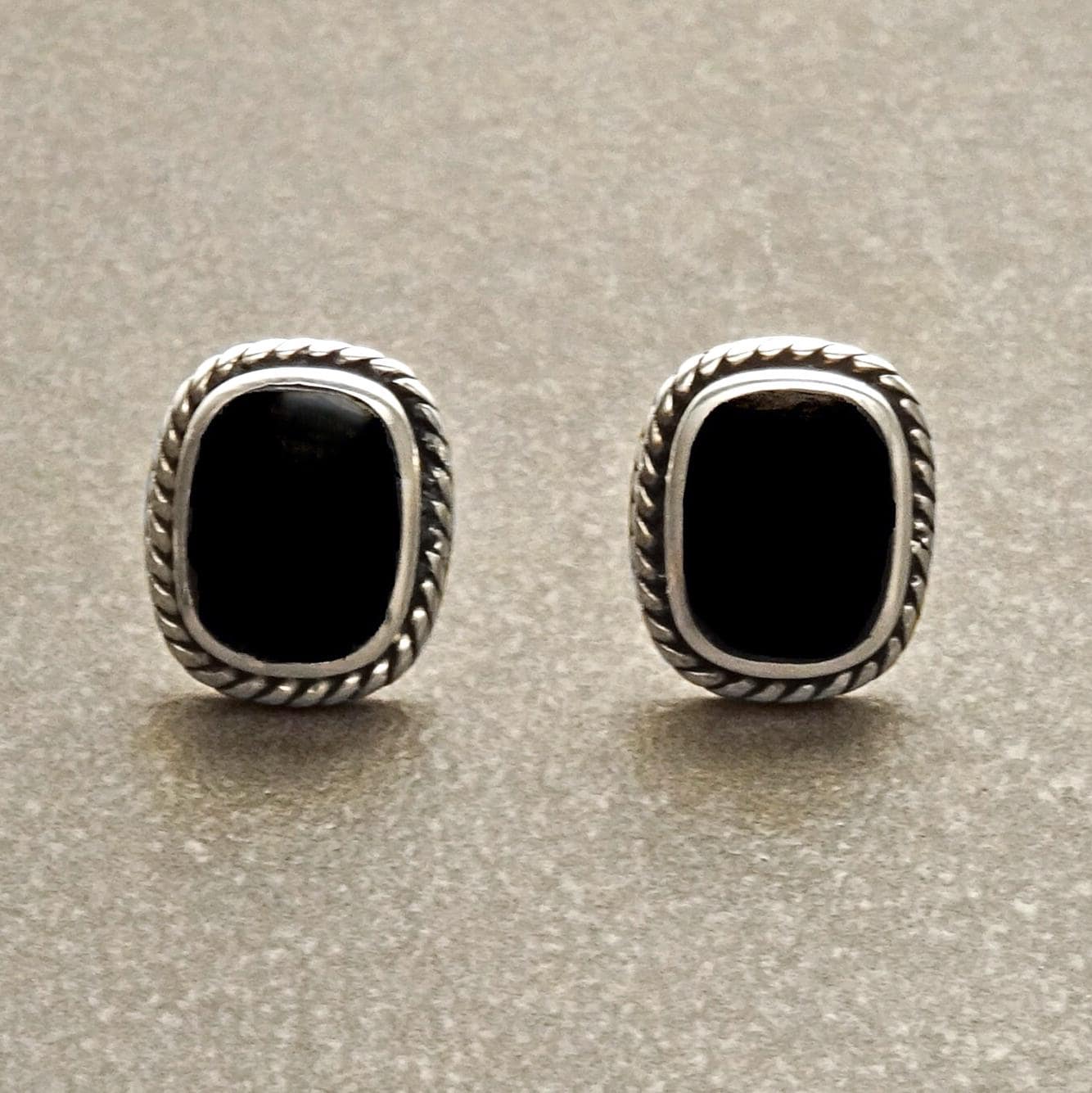 Onyx Stud Earrings - Sterling Silver Earrings - Onyx Jewelry - Oxidized Earrings - Square shape Earrings - Vintage Earrings