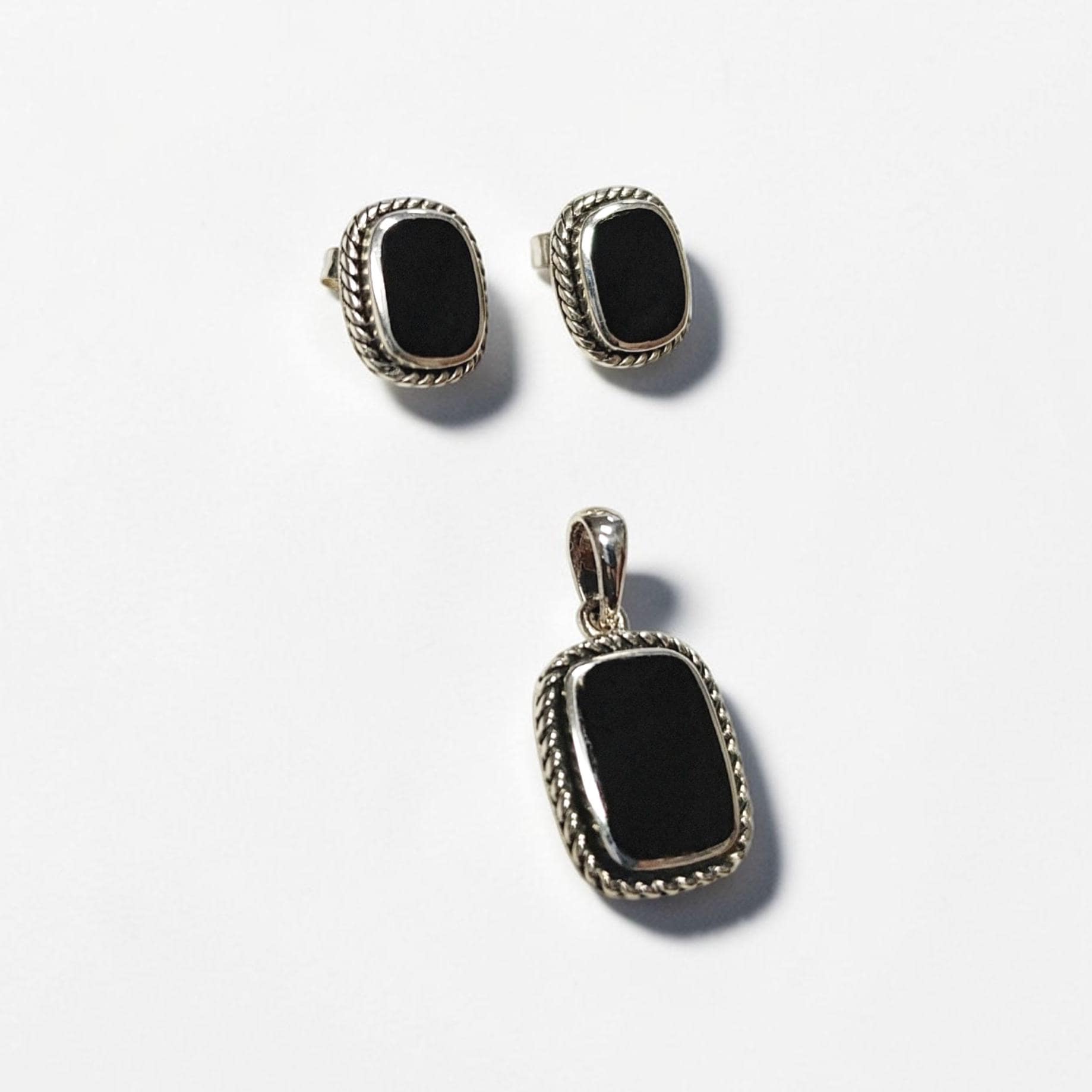 Black Earrings Set, Sterling Silver, Black Onyx Stone, Oxidized braided border Jewelry, Vintage Tribal Square shape Earrings and Pedant