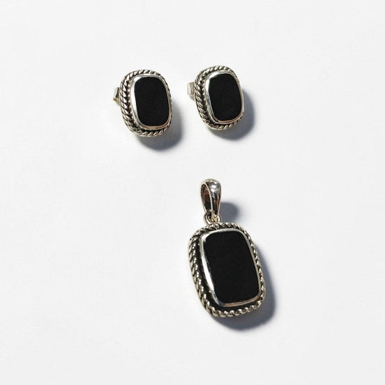 Black Earrings Set, Sterling Silver, Black Onyx Stone, Oxidized braided border Jewelry, Vintage Tribal Square shape Earrings and Pedant