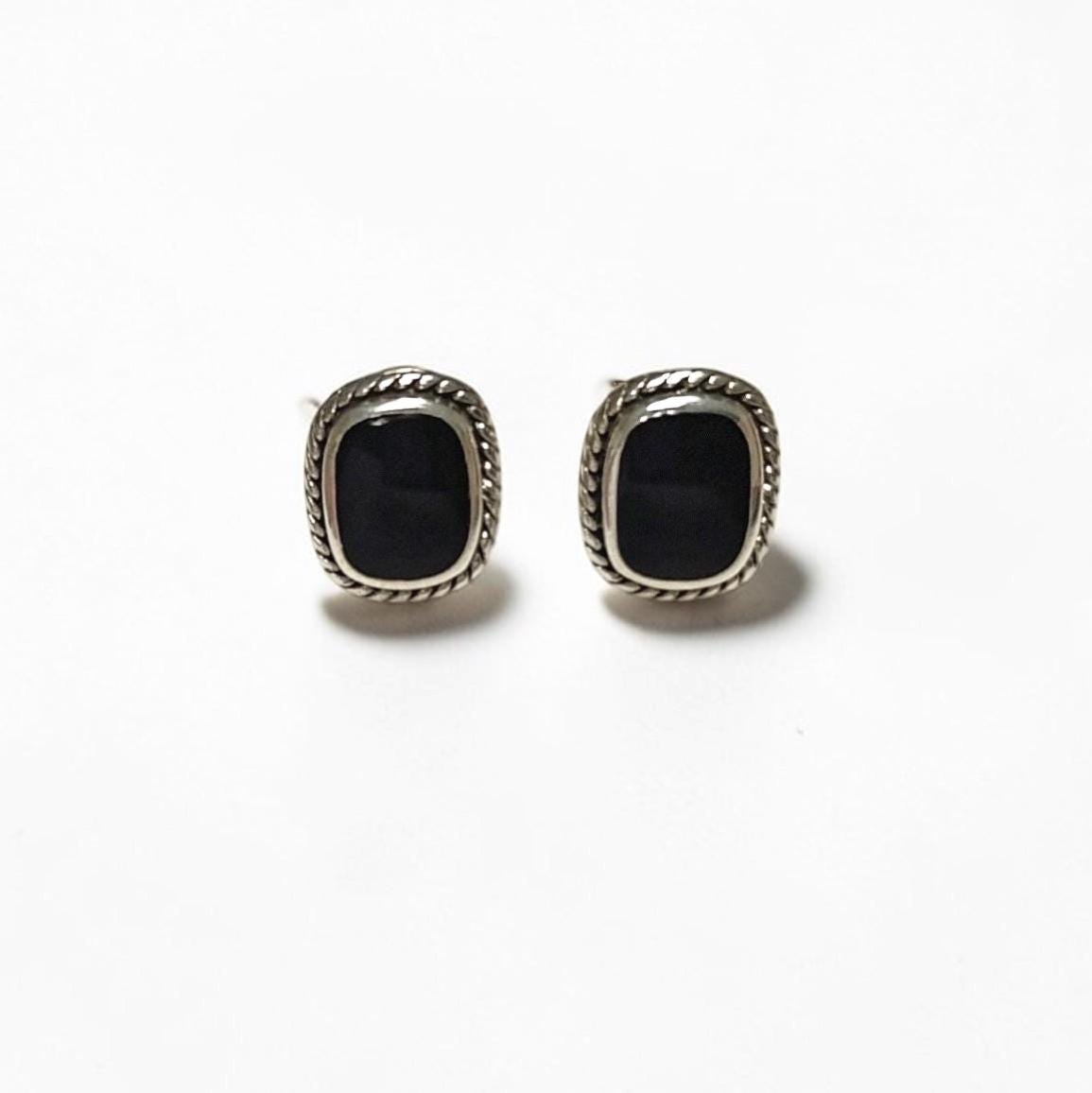 Black Earrings Set, Sterling Silver, Black Onyx Stone, Oxidized braided border Jewelry, Vintage Tribal Square shape Earrings and Pedant