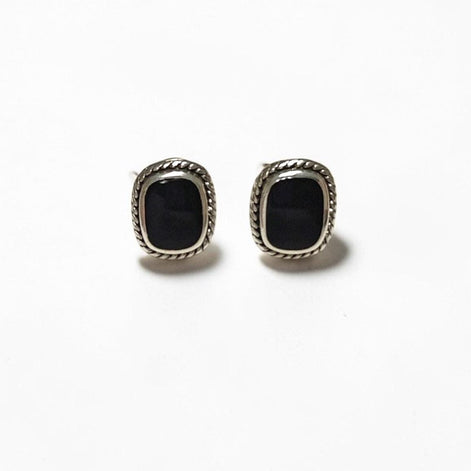 Black Earrings Set, Sterling Silver, Black Onyx Stone, Oxidized braided border Jewelry, Vintage Tribal Square shape Earrings and Pedant