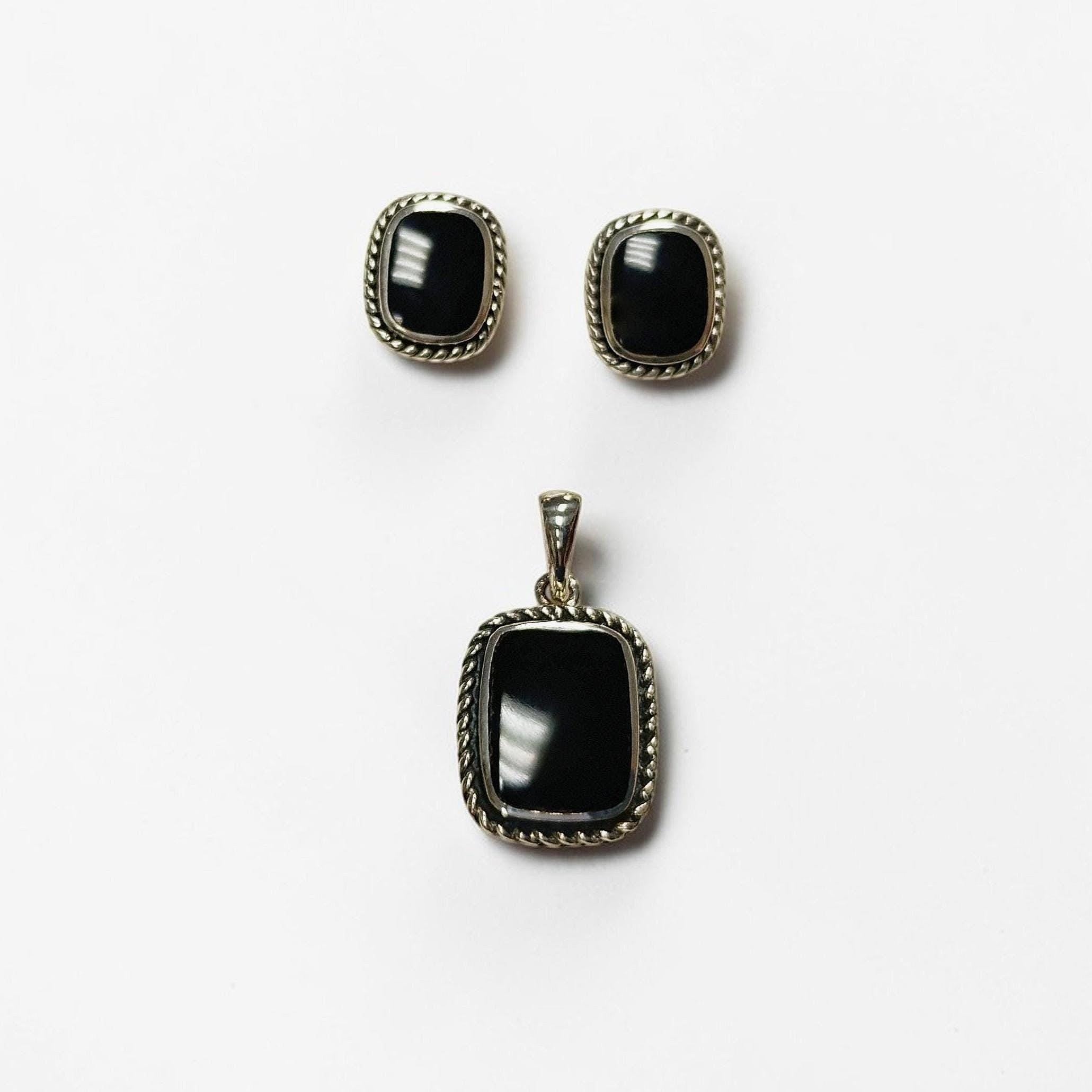 Black Earrings Set, Sterling Silver, Black Onyx Stone, Oxidized braided border Jewelry, Vintage Tribal Square shape Earrings and Pedant