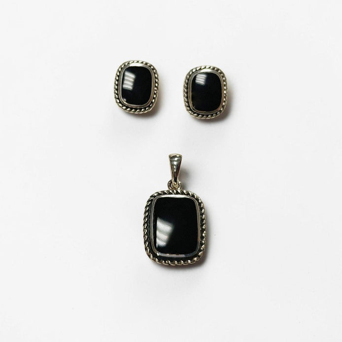 Black Earrings Set, Sterling Silver, Black Onyx Stone, Oxidized braided border Jewelry, Vintage Tribal Square shape Earrings and Pedant