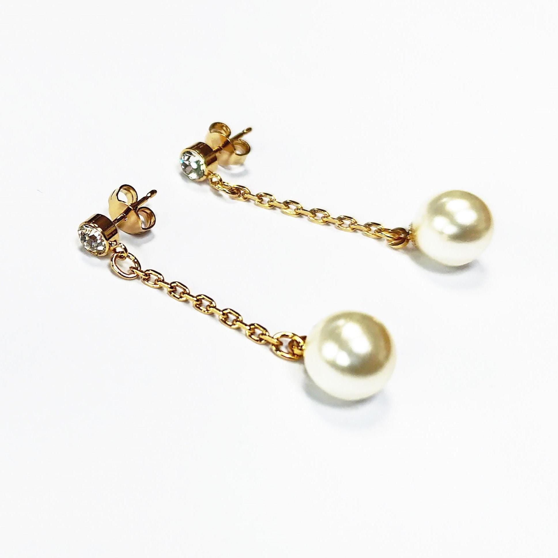 Pearl Drop Earrings • 18K Gold-Plated Chain, Crystal Stud, Shell Pearl, Elegant Wedding & Evening Dangle