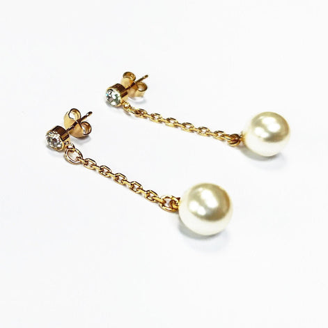 Pearl Drop Earrings • 18K Gold-Plated Chain, Crystal Stud, Shell Pearl, Elegant Wedding & Evening Dangle