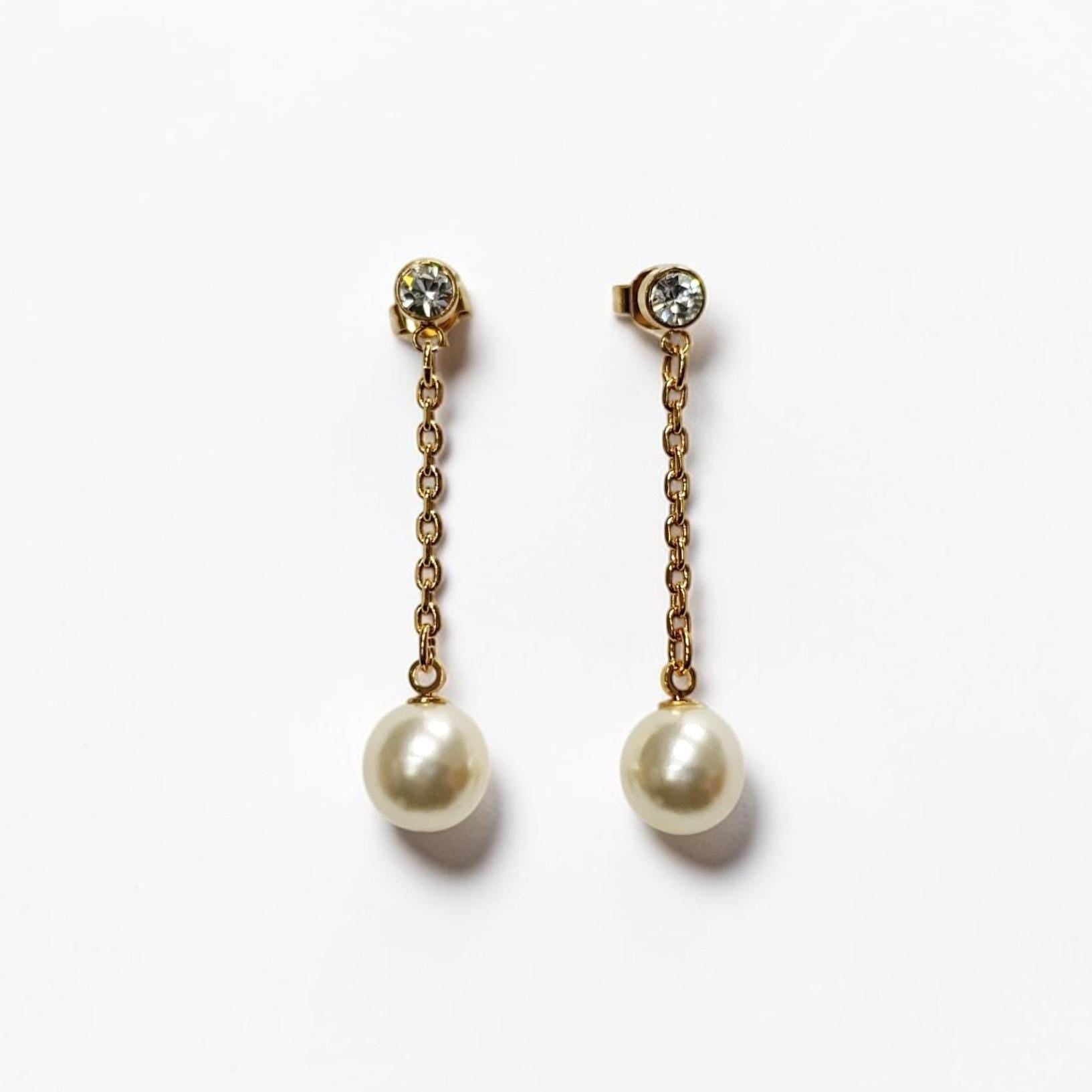 Pearl Drop Earrings • 18K Gold-Plated Chain, Crystal Stud, Shell Pearl, Elegant Wedding & Evening Dangle