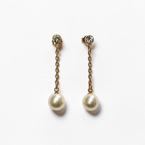 Pearl Drop Earrings • 18K Gold-Plated Chain, Crystal Stud, Shell Pearl, Elegant Wedding & Evening Dangle