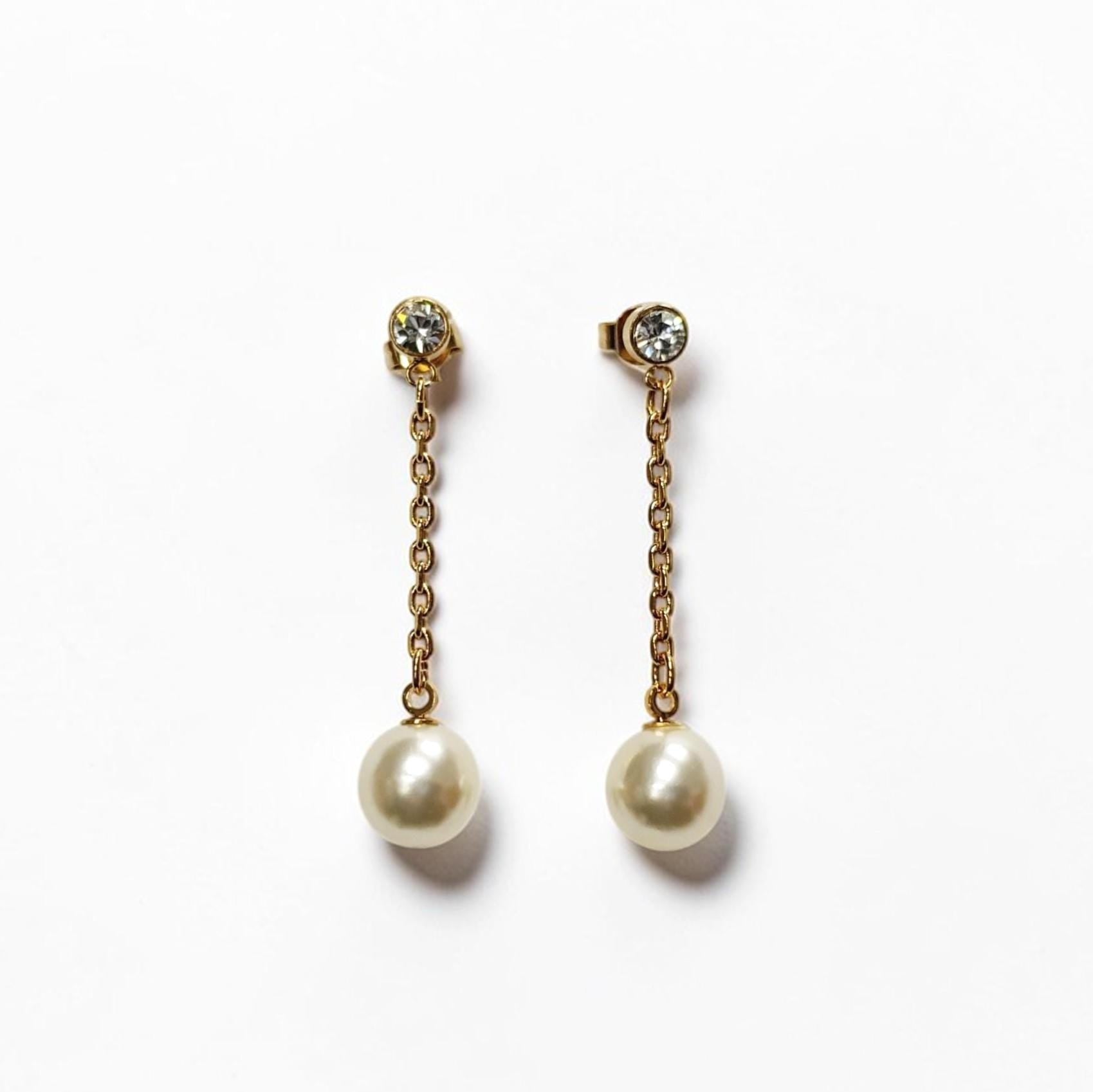 Pearl Drop Earrings • 18K Gold-Plated Chain, Crystal Stud, Shell Pearl, Elegant Wedding & Evening Dangle