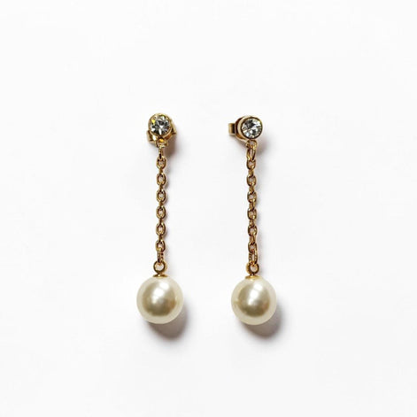 Pearl Drop Earrings • 18K Gold-Plated Chain, Crystal Stud, Shell Pearl, Elegant Wedding & Evening Dangle