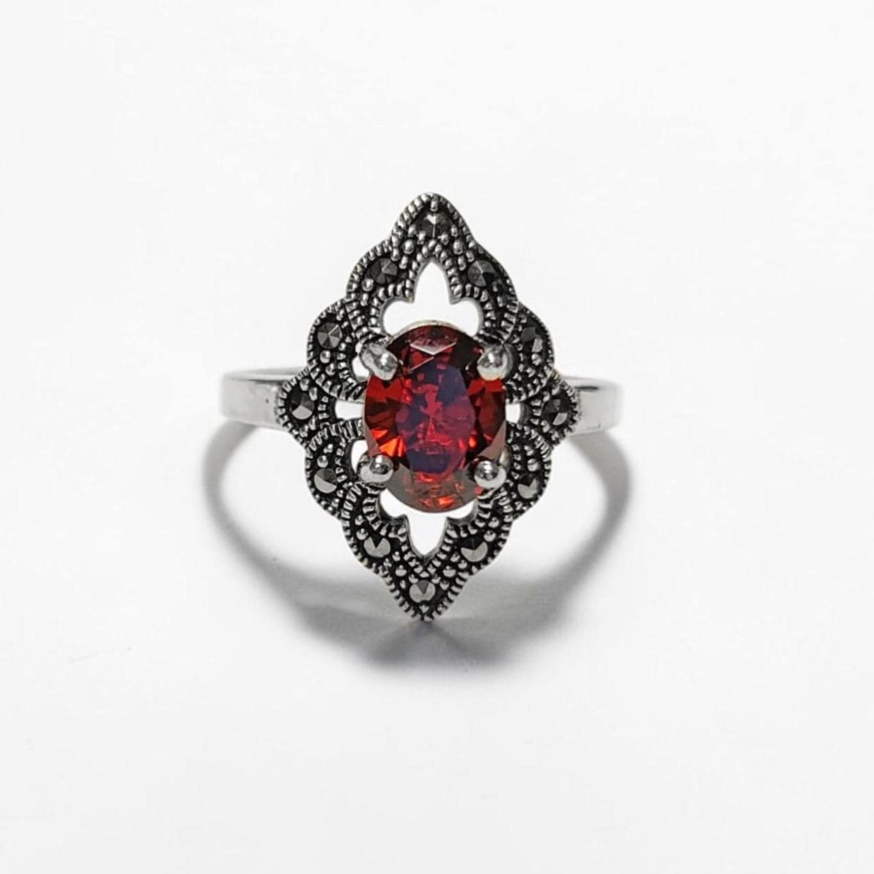 Garnet Marcasite Ring, Sterling Silver, Vintage Marquise Ring, Lab Red Garnet Simulant, Retro Red Stone Rings, Women's Gifts