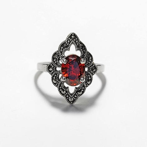 Garnet Marcasite Ring, Sterling Silver, Vintage Marquise Ring, Lab Red Garnet Simulant, Retro Red Stone Rings, Women's Gifts