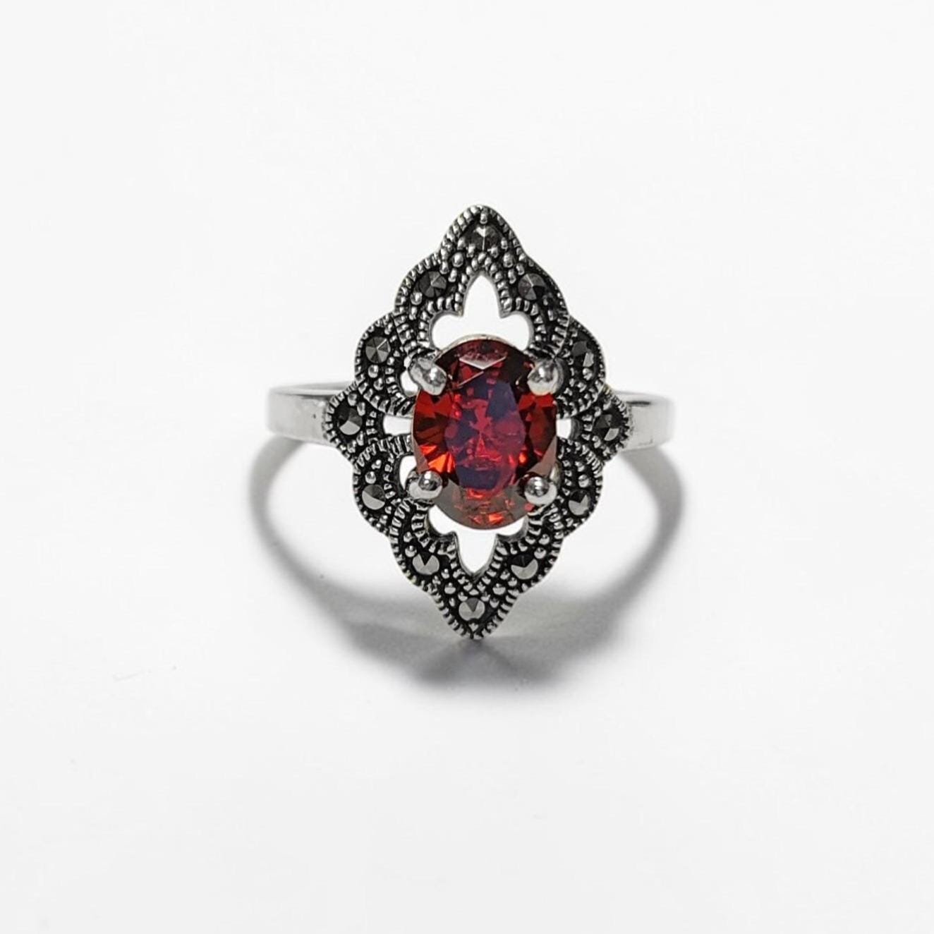 Garnet Marcasite Ring, Sterling Silver, Vintage Marquise Ring, Lab Red Garnet Simulant, Retro Red Stone Rings, Women's Gifts