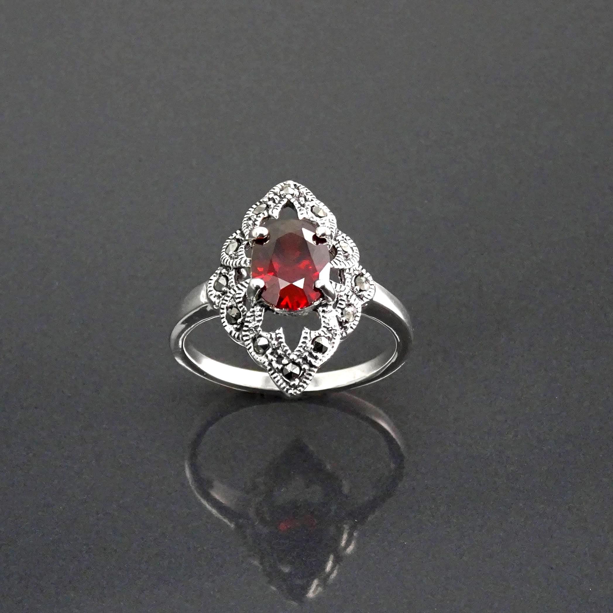 Garnet Marcasite Ring, Sterling Silver, Vintage Marquise Ring, Lab Red Garnet Simulant, Retro Red Stone Rings, Women's Gifts