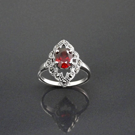 Garnet Marcasite Ring, Sterling Silver, Vintage Marquise Ring, Lab Red Garnet Simulant, Retro Red Stone Rings, Women's Gifts