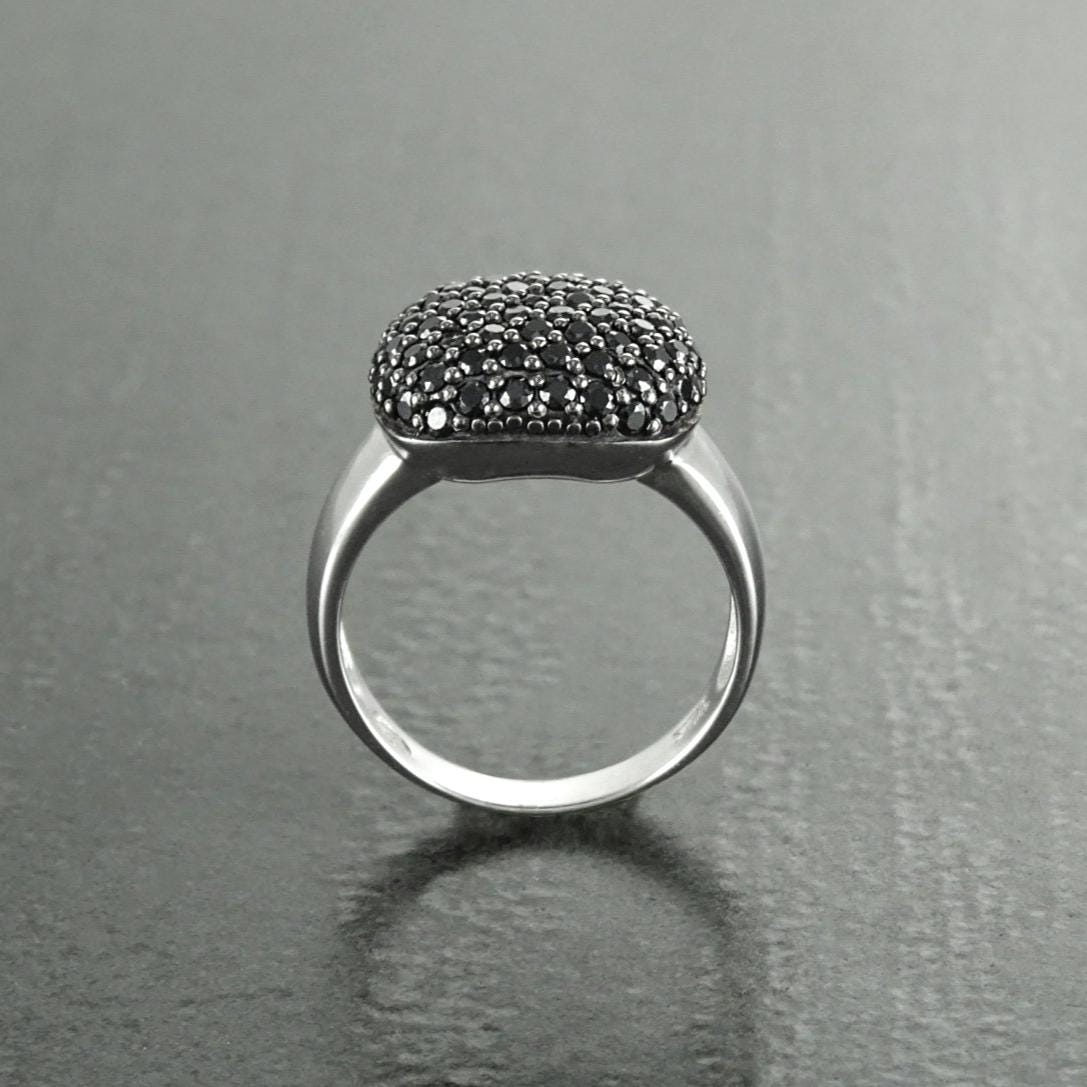 Sparkling Black Diamond Pavé Cushion Ring by KRAMIKE • Sterling Silver • Elegant for Everyday & Special Occasions • Gift for Wife • KR070