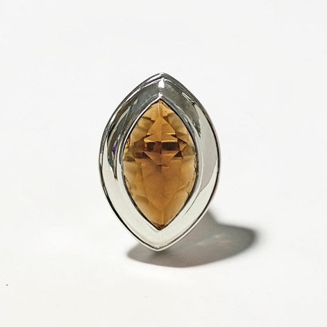 Bague Quartz, Argent 925, Grand Zirconia Oval couleur Quartz Fumé, taillé en Marquise, Ligne Pure, Simple, Grande Bague Originale,