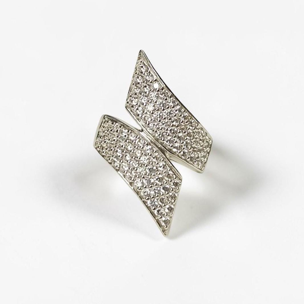 Sterling Silver Bypass Ring, Pave White CZ Stones, Bold Statement Band