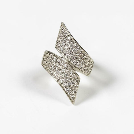 Sterling Silver Bypass Ring, Pave White CZ Stones, Bold Statement Band