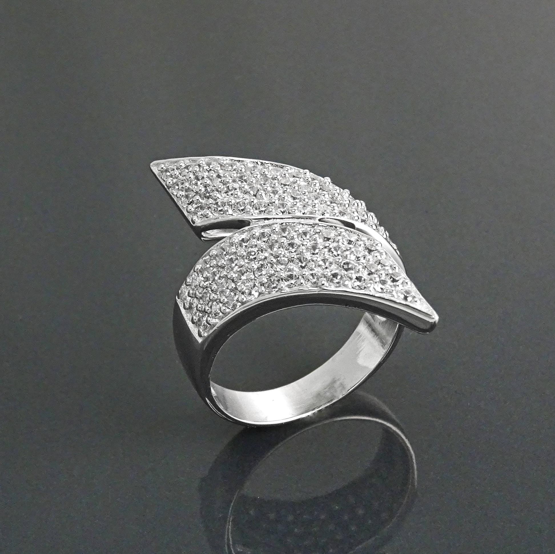 Sterling Silver Bypass Ring, Pave White CZ Stones, Bold Statement Band