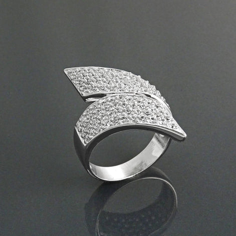 Sterling Silver Bypass Ring, Pave White CZ Stones, Bold Statement Band