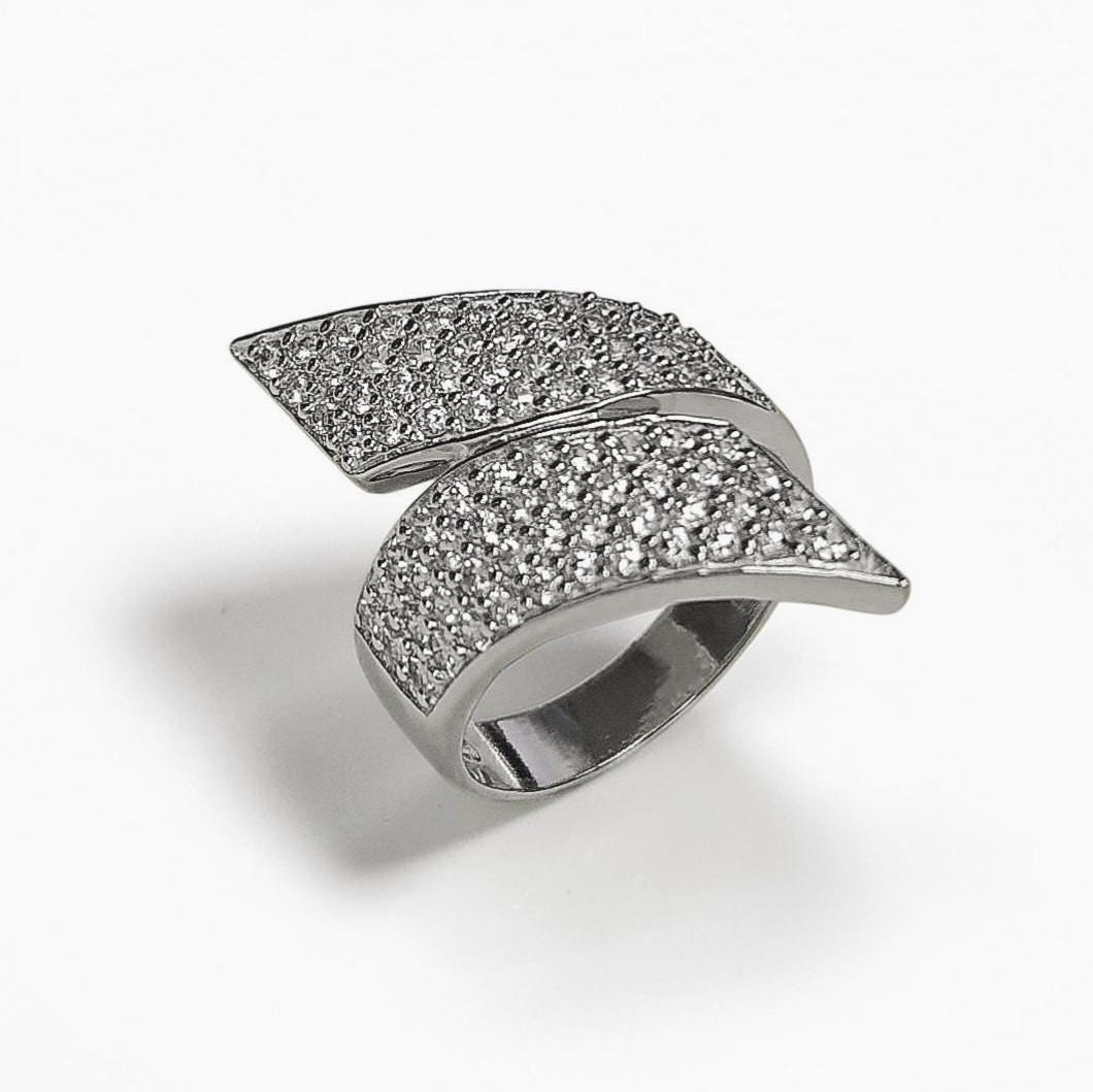 Sterling Silver Bypass Ring, Pave White CZ Stones, Bold Statement Band