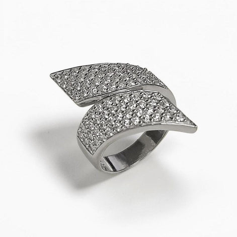 Sterling Silver Bypass Ring, Pave White CZ Stones, Bold Statement Band