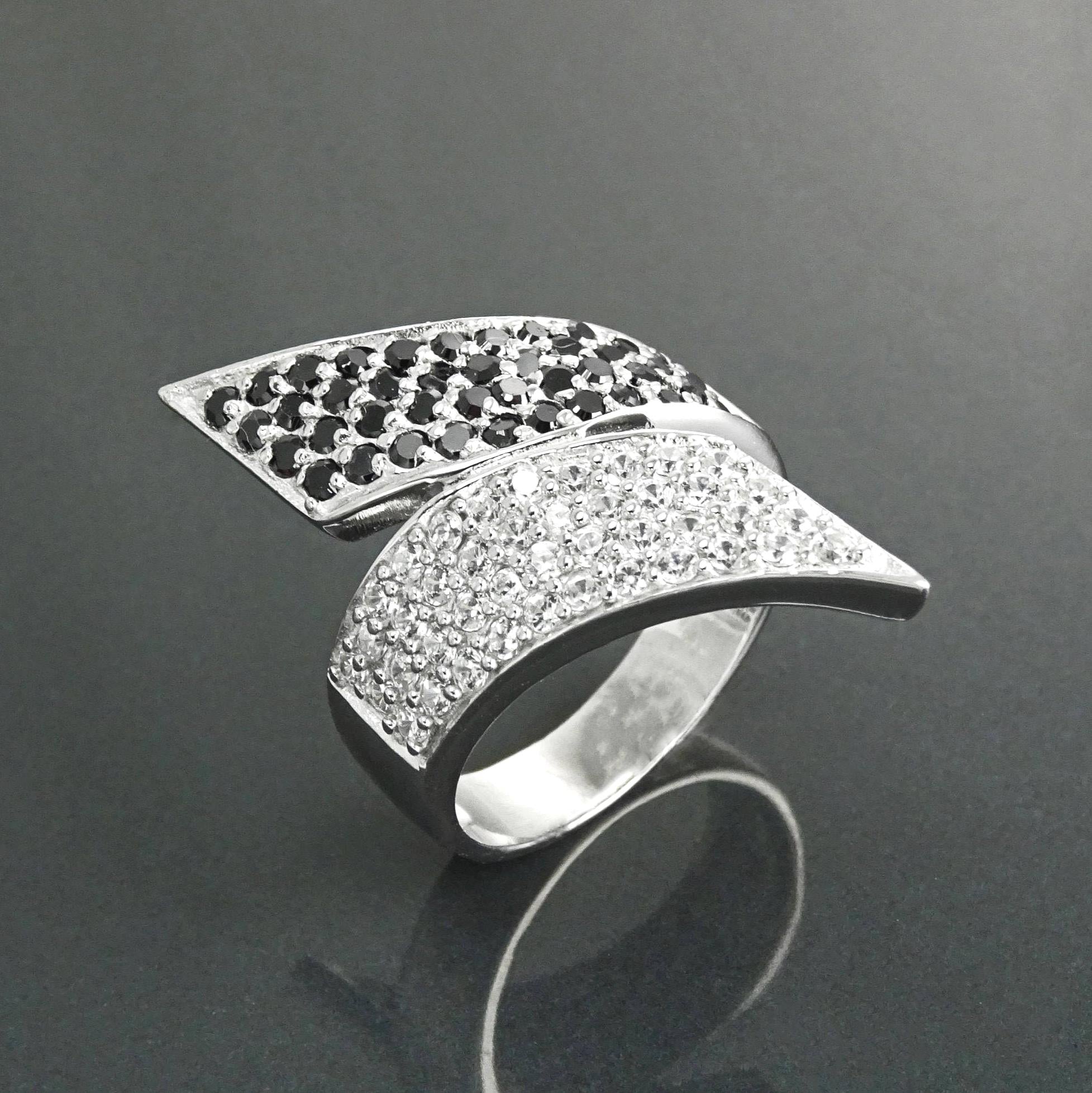 Sterling Silver Bypass Ring, Black White CZ Stones, Statement Cocktail Band