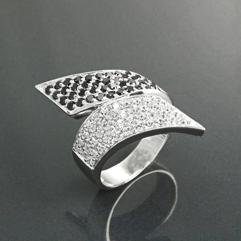 Sterling Silver Bypass Ring, Black White CZ Stones, Statement Cocktail Band