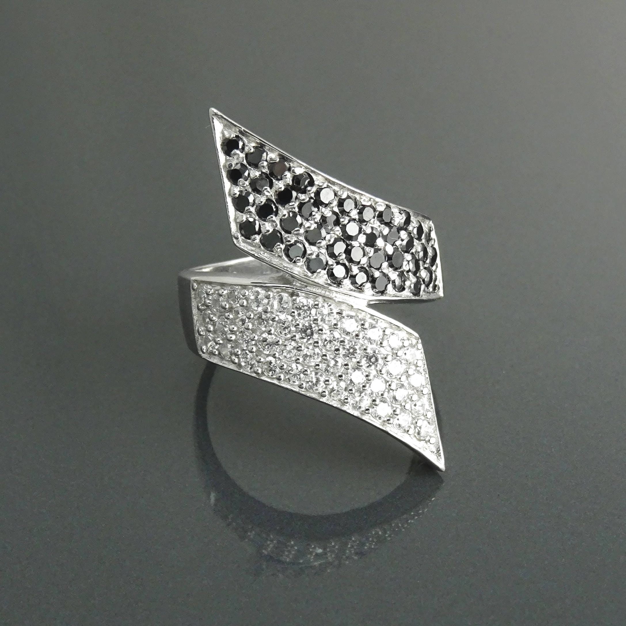 Sterling Silver Bypass Ring, Black White CZ Stones, Statement Cocktail Band