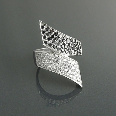 Sterling Silver Bypass Ring, Black White CZ Stones, Statement Cocktail Band