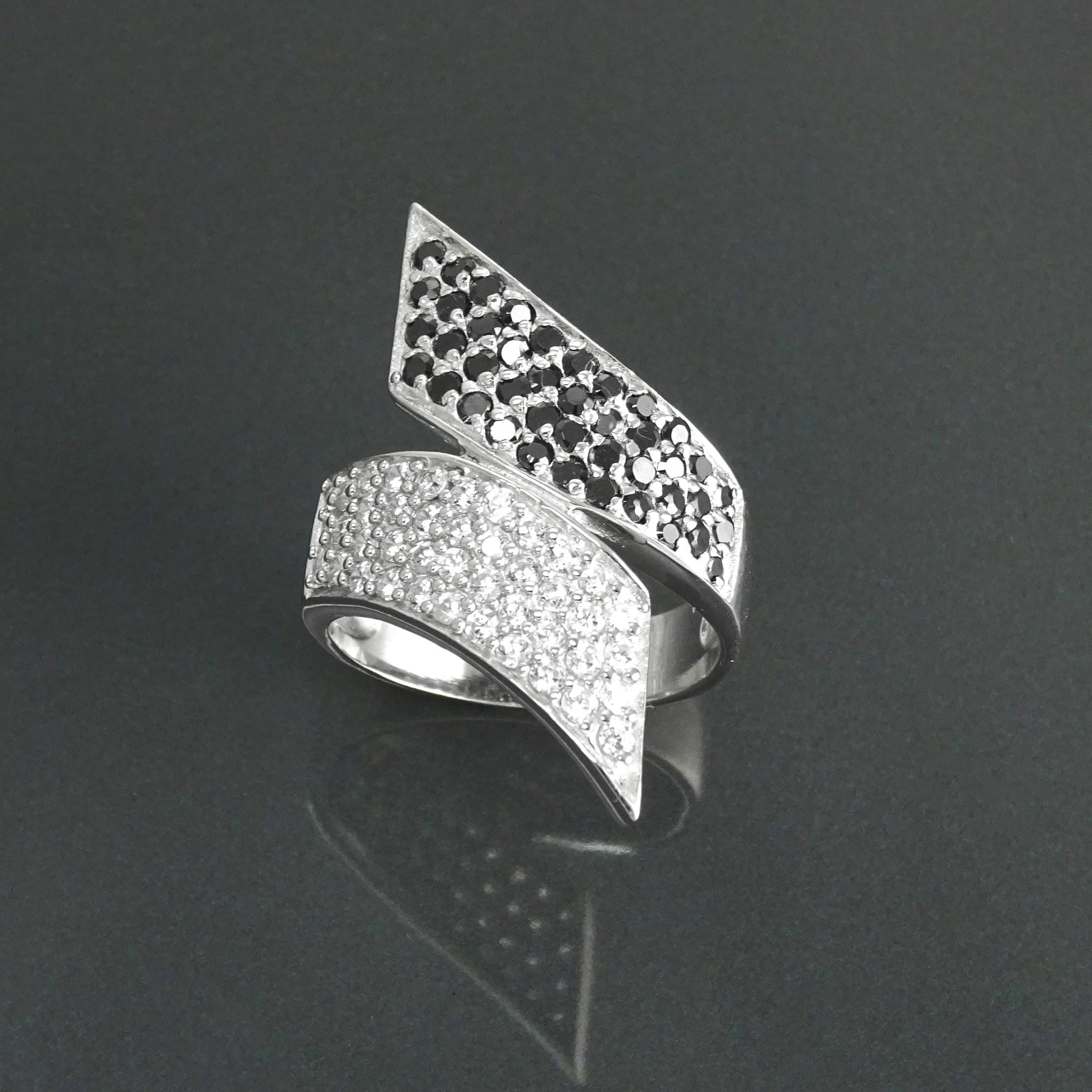Sterling Silver Bypass Ring, Black White CZ Stones, Statement Cocktail Band