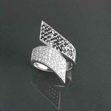 Sterling Silver Bypass Ring, Black White CZ Stones, Statement Cocktail Band