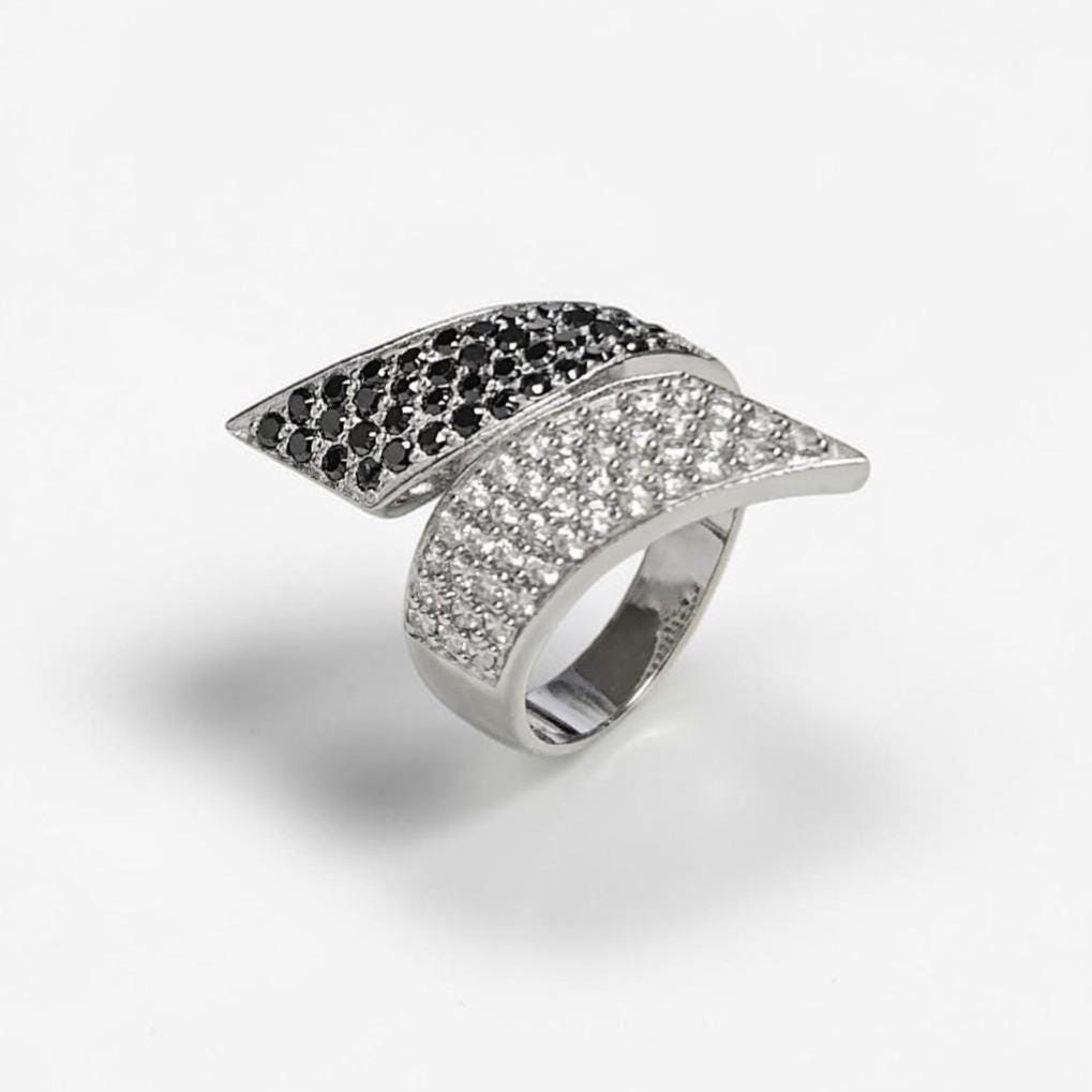 Sterling Silver Bypass Ring, Black White CZ Stones, Statement Cocktail Band