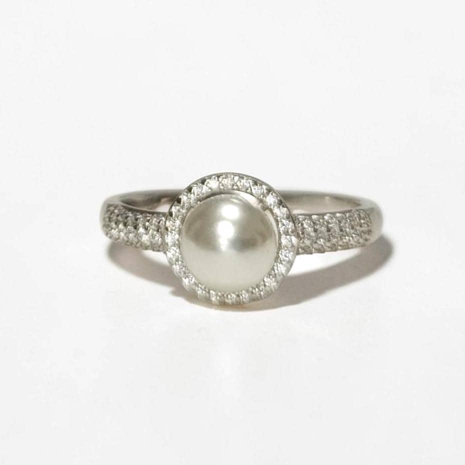 Halo Pearl Ring, Sterling Silver 925, Zirconia Accents