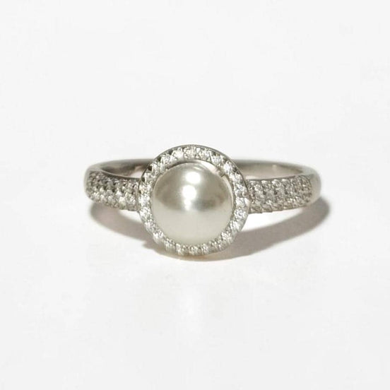 Halo Pearl Ring, Sterling Silver 925, Zirconia Accents