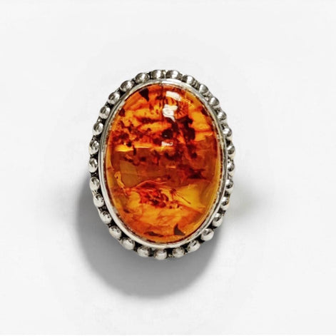 Amber ring, sterling silver made, oval stone, Genuine oval fossil gemstone, antique jewelry, natural baltic cognac brown orange color