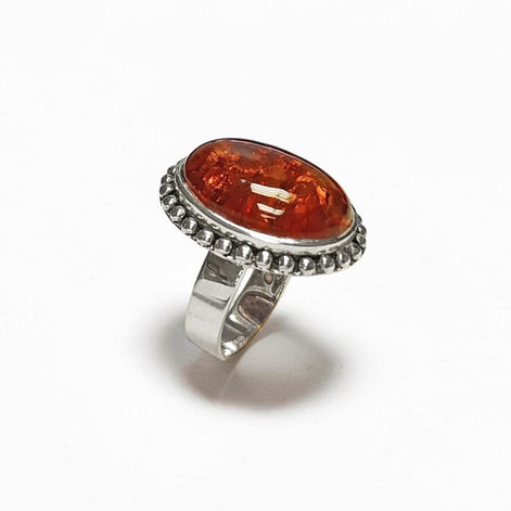 Amber ring, sterling silver made, oval stone, Genuine oval fossil gemstone, antique jewelry, natural baltic cognac brown orange color