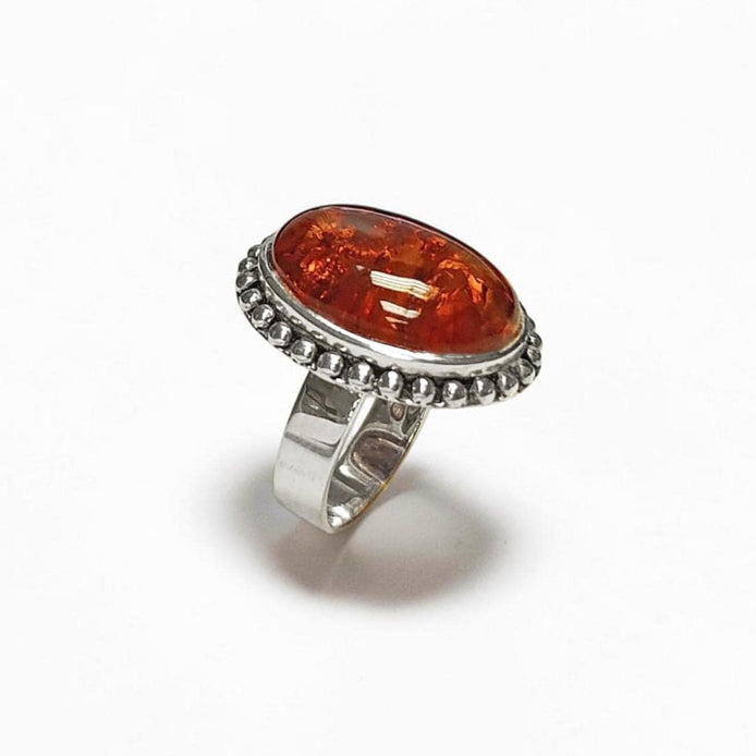 Amber ring, sterling silver made, oval stone, Genuine oval fossil gemstone, antique jewelry, natural baltic cognac brown orange color