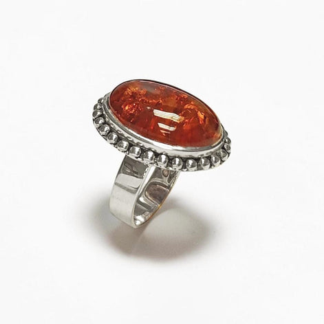Amber ring, sterling silver made, oval stone, Genuine oval fossil gemstone, antique jewelry, natural baltic cognac brown orange color