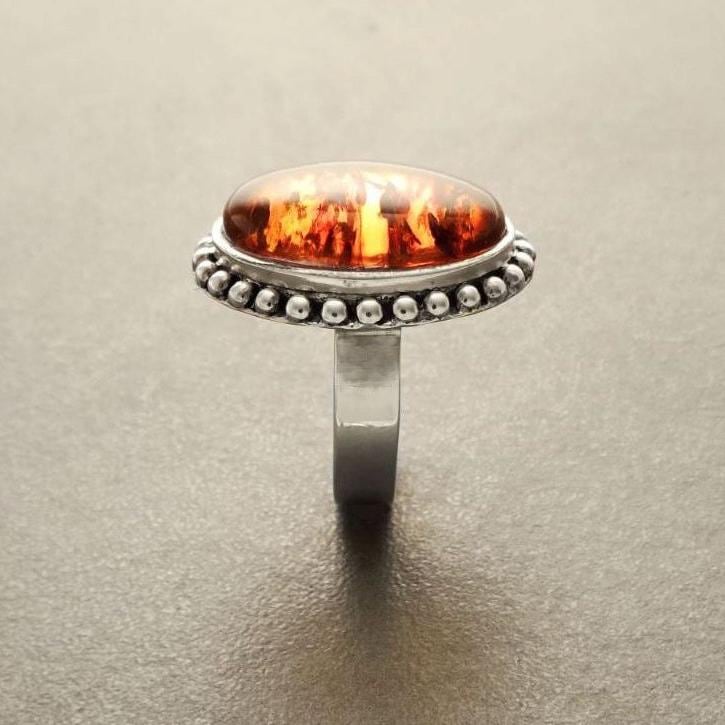 Amber ring, sterling silver made, oval stone, Genuine oval fossil gemstone, antique jewelry, natural baltic cognac brown orange color