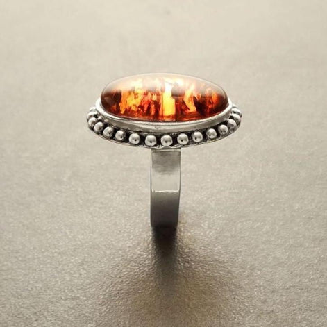 Amber ring, sterling silver made, oval stone, Genuine oval fossil gemstone, antique jewelry, natural baltic cognac brown orange color