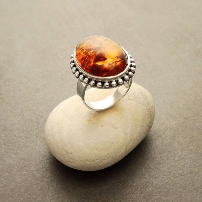 Amber ring, sterling silver made, oval stone, Genuine oval fossil gemstone, antique jewelry, natural baltic cognac brown orange color