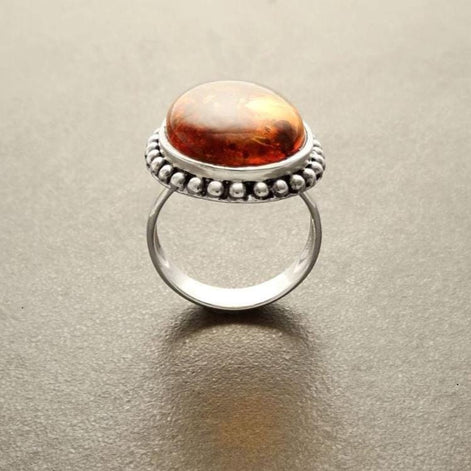 Amber ring, sterling silver made, oval stone, Genuine oval fossil gemstone, antique jewelry, natural baltic cognac brown orange color